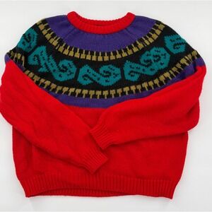 Vintage Pasta Red Knit Fair Isle Sweater Geometric Retro 80s 90s Small